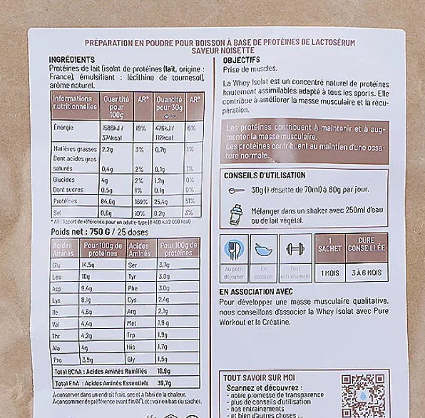 étiquette Nutripure Whey Isolat liste ingrédients courte transparence qualité