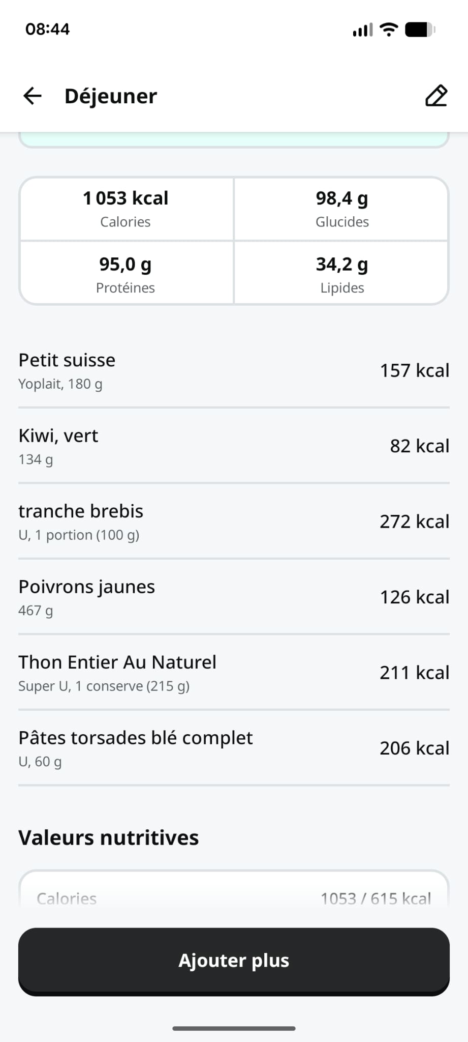 Capture Yazio déjeuner sèche 1053 kcal 95g protéines