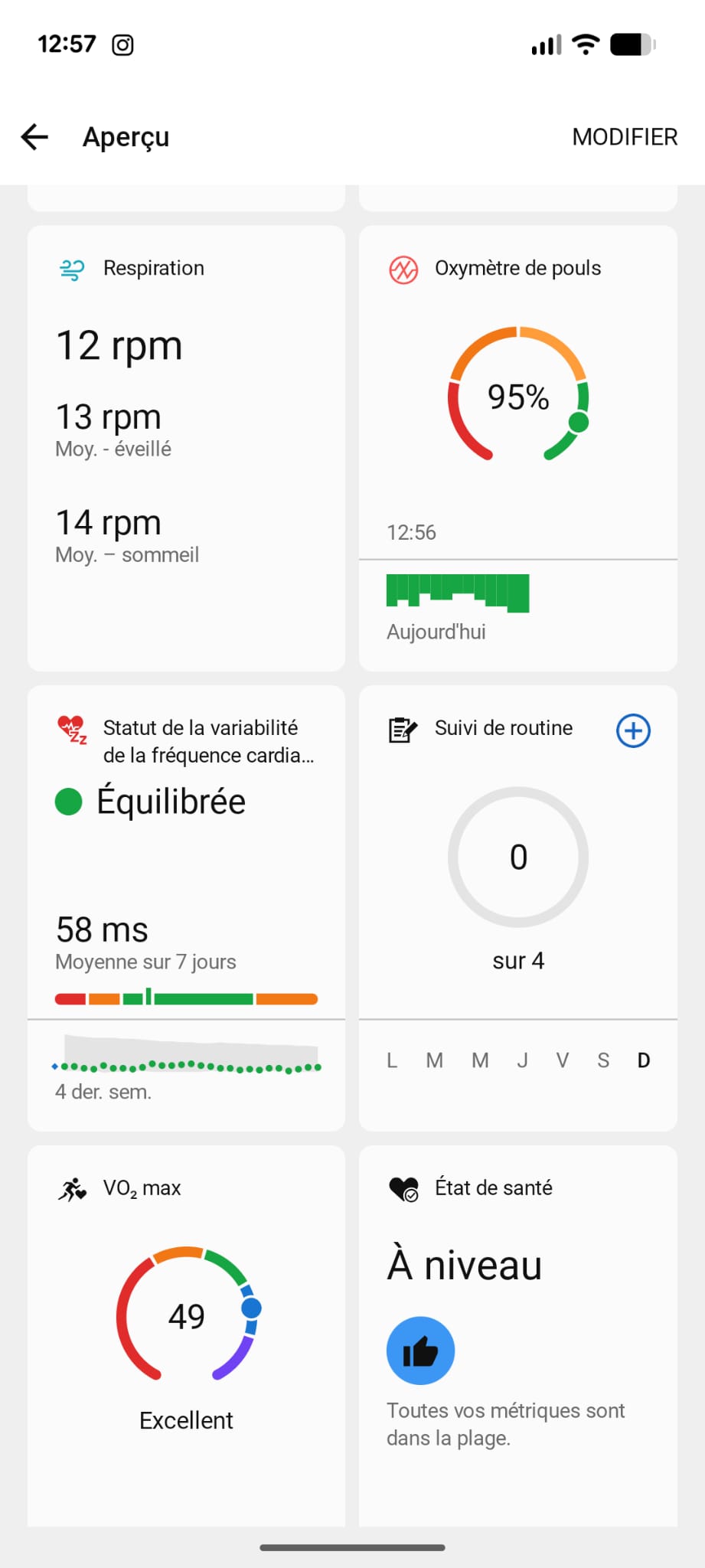 Garmin Vivoactive 5 VO2max 49 HRV 58 ms équilibrée état santé à niveau santé après 40 ans