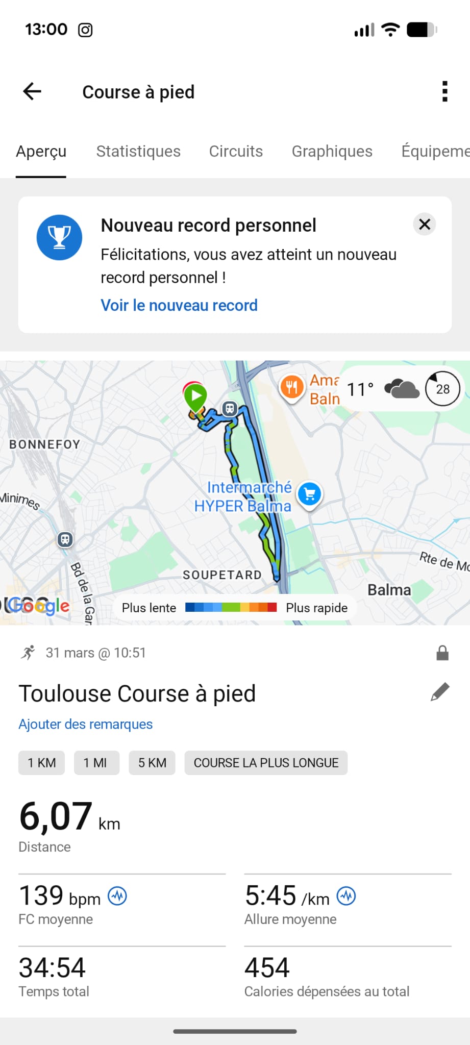 Garmin course à pied Toulouse 6 km record personnel cardio après 40 ans
