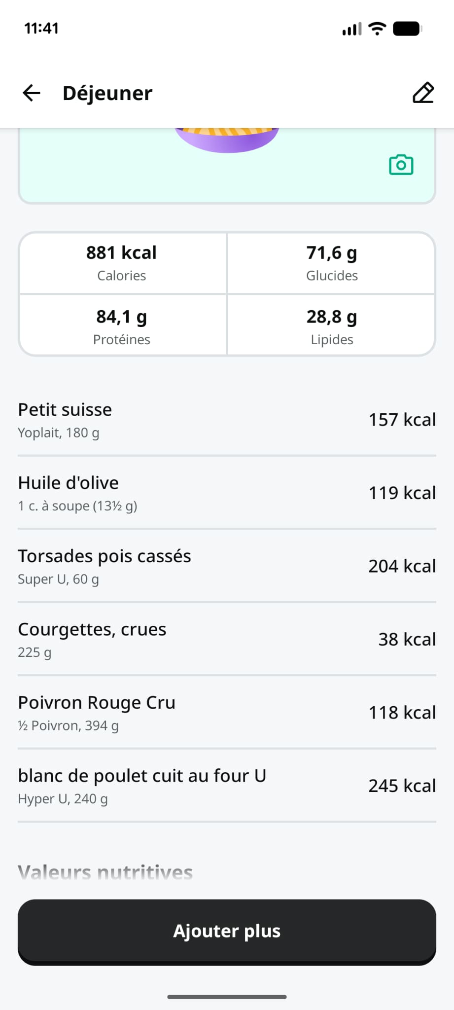 Plan sèche déjeuner Yazio poulet pois cassés courgettes 881 kcal