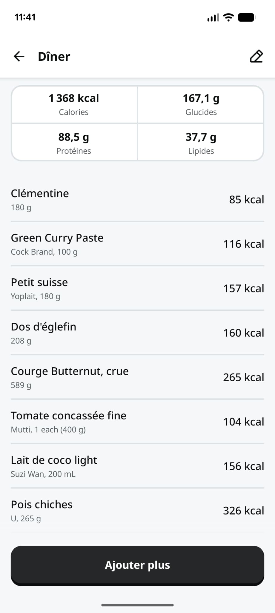 Plan sèche dîner Yazio églefin curry butternut pois chiches 1368 kcal