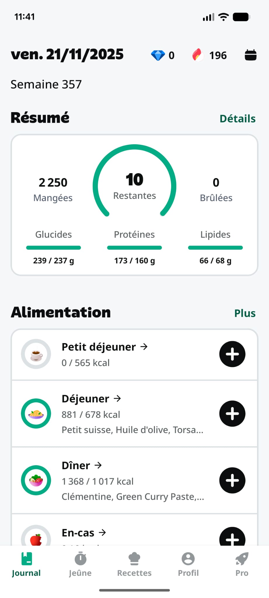 Plan alimentaire sèche 2250 kcal récap journée Yazio 21 novembre 2025