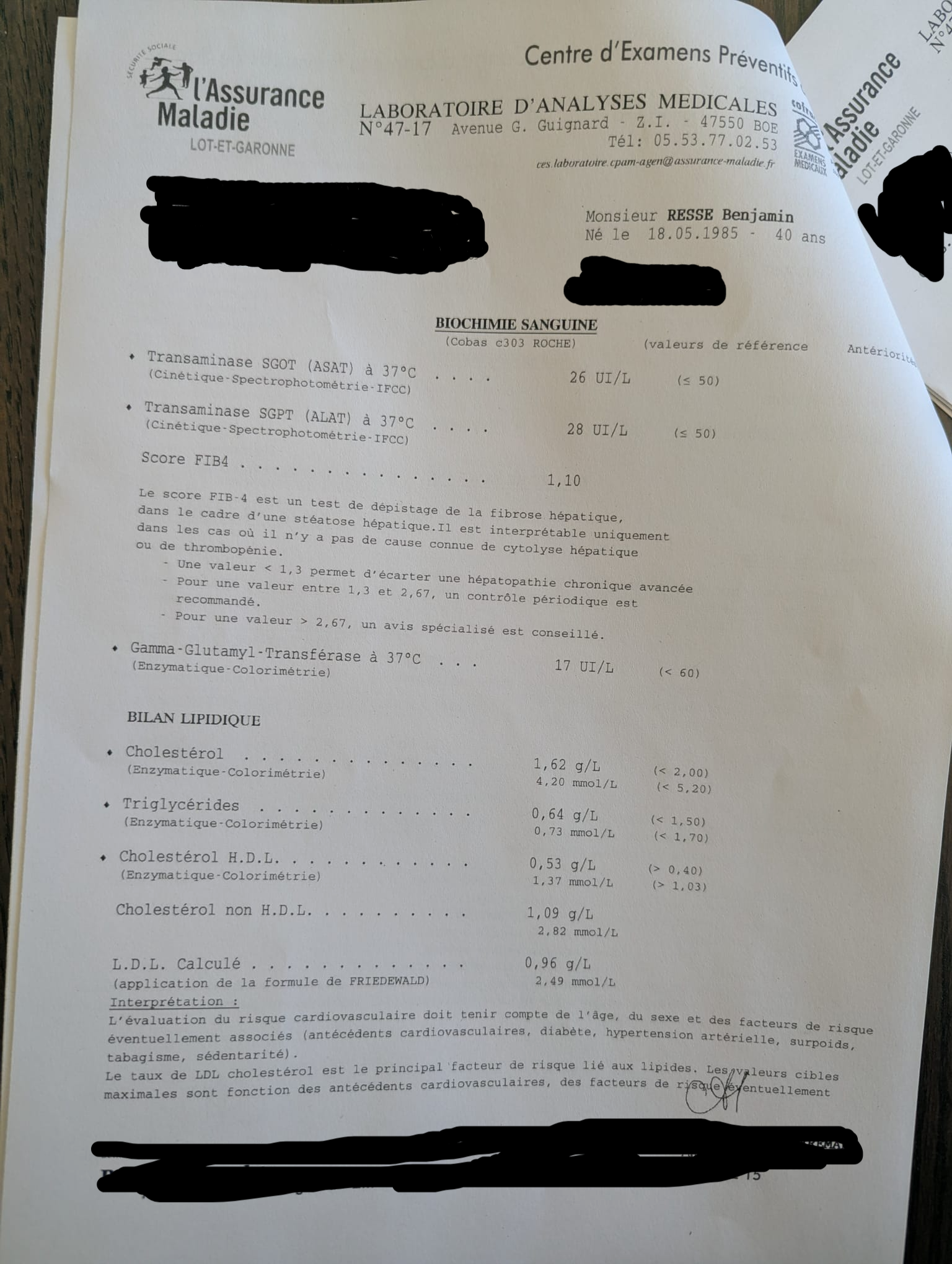 Bilan sanguin biochimie foie ASAT ALAT Gamma-GT cholestérol triglycérides HDL LDL santé 40 ans