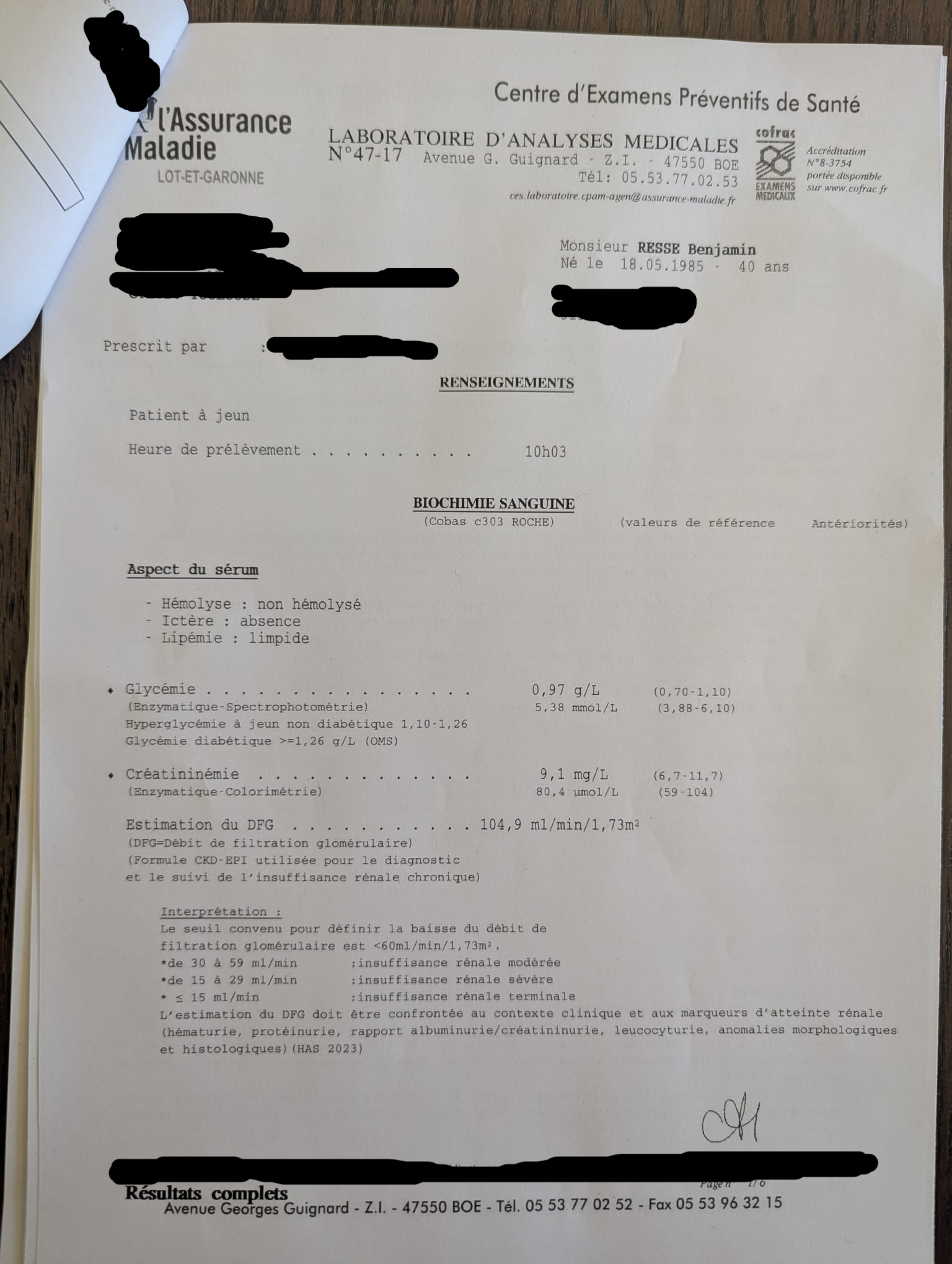Bilan sanguin glycémie créatinine DFG fonction rénale santé 40 ans