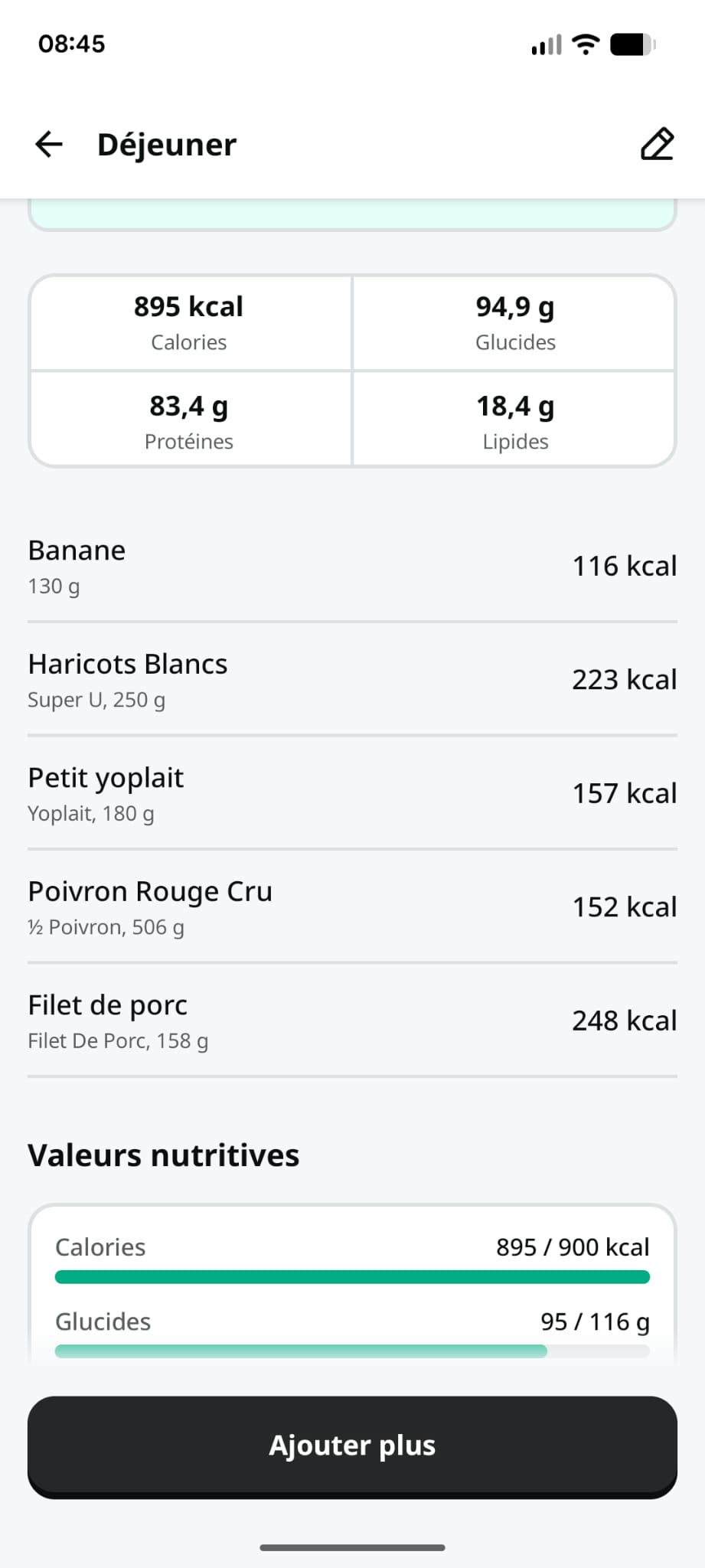 Déjeuner Yazio lean bulk filet de porc haricots blancs poivron
