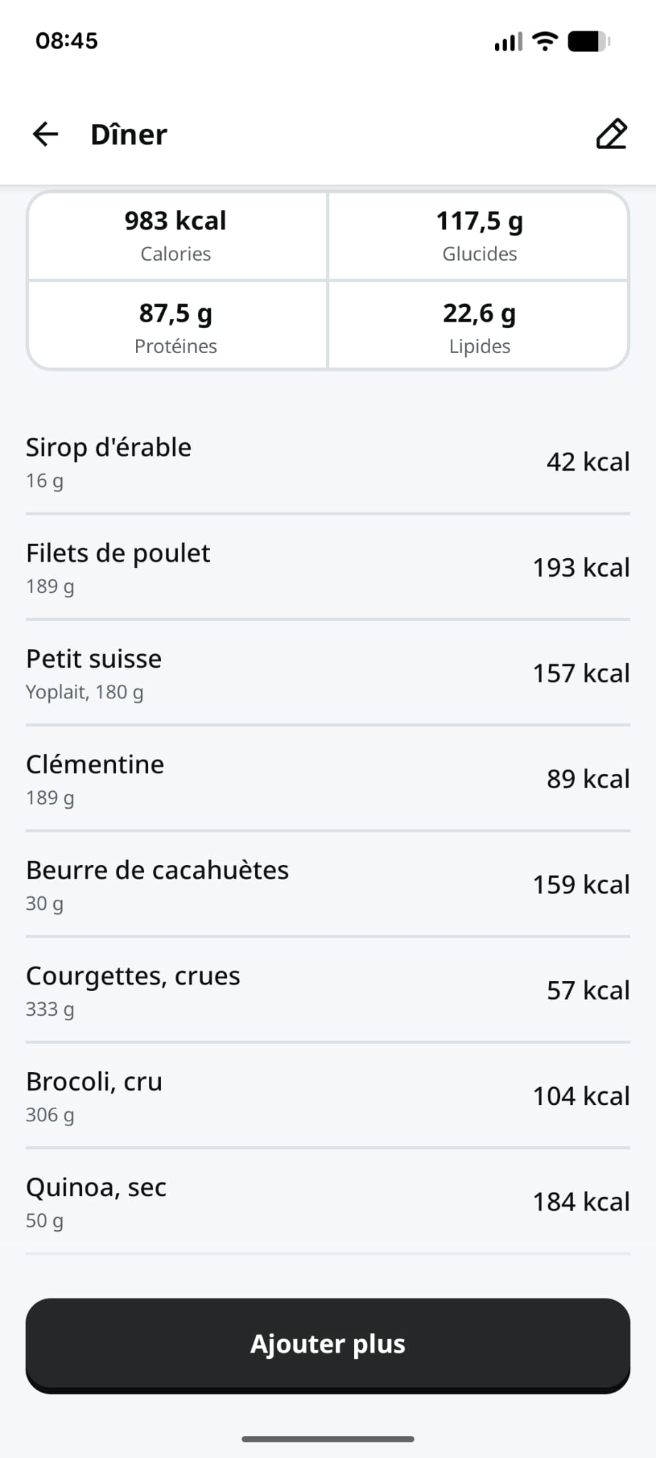 Capture Yazio dîner sèche 983 kcal 87,5g protéines