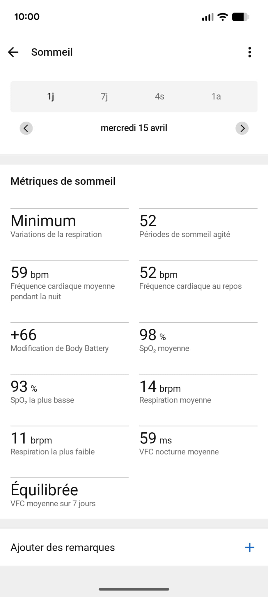 Métriques sommeil Garmin 7h44 fréquence cardiaque 52 bpm body battery santé 40 ans