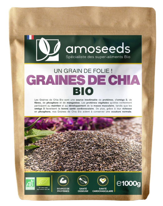 Graines chia bio Amoseeds Salvia hispanica fibres oméga-3 protéines végétales