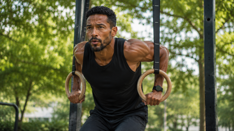 Anneaux de gym bois callisthénie dips rows pompes suspension instabilité