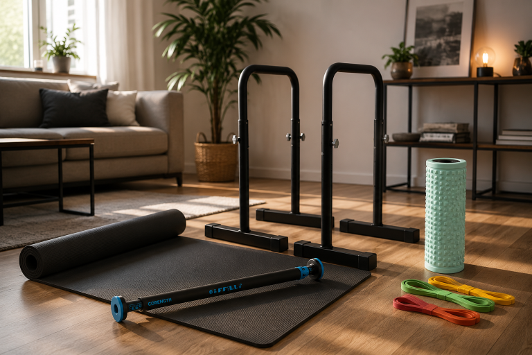Équipement home gym complet callisthénie barre traction dips tapis élastiques Decathlon