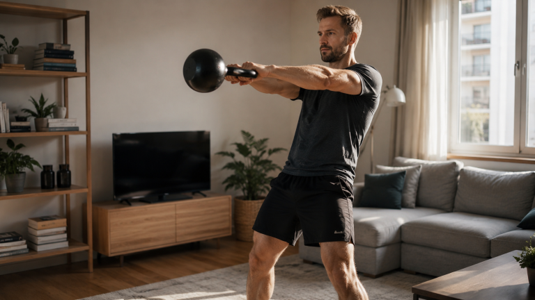 Homme kettlebell swing extérieur callisthénie chaîne postérieure explosivité