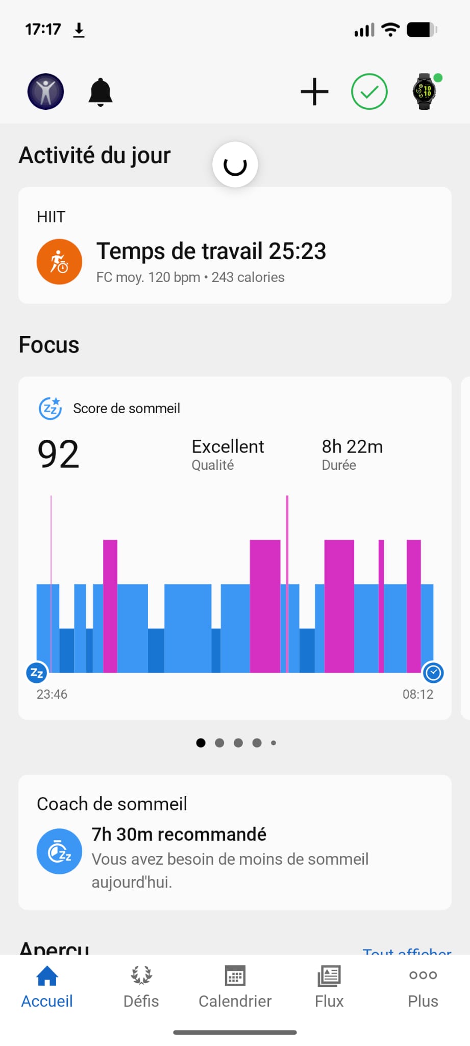 Garmin Vivoactive 5 aperçu santé fréquence cardiaque calories stress âge physique