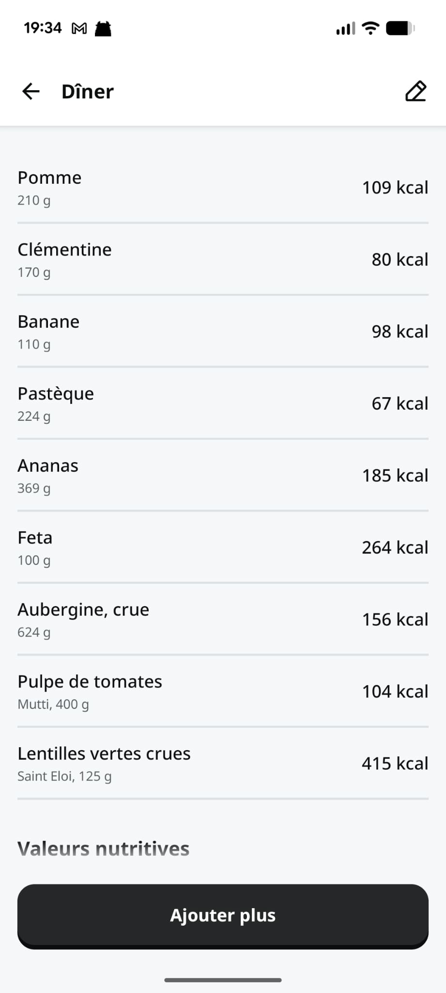 Yazio dîner volumineux fruits légumes lentilles vertes aubergine apport fibres