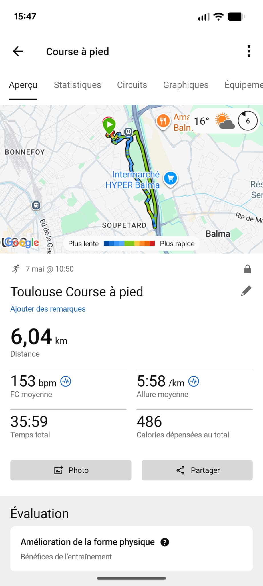Garmin sortie running 6 km Toulouse marathon musculation allure 5:58 FC 153 bpm