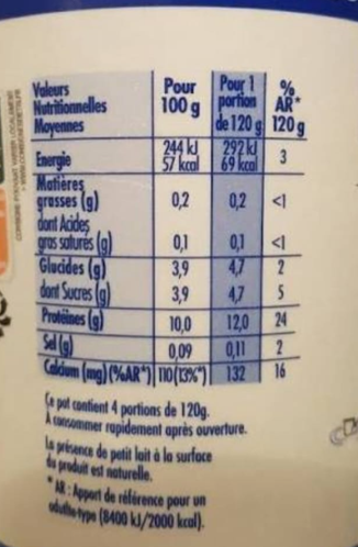 Étiquette nutritionnelle skyr Danone 10 g de protéines 0,2 g de lipides pour 100 g