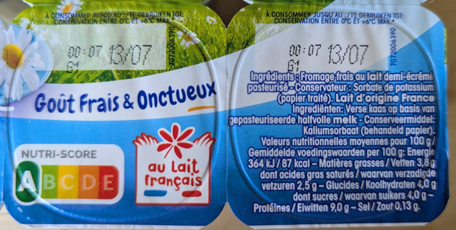 Étiquette nutritionnelle petit suisse 9 g de protéines 3,8 g de lipides pour 100 g