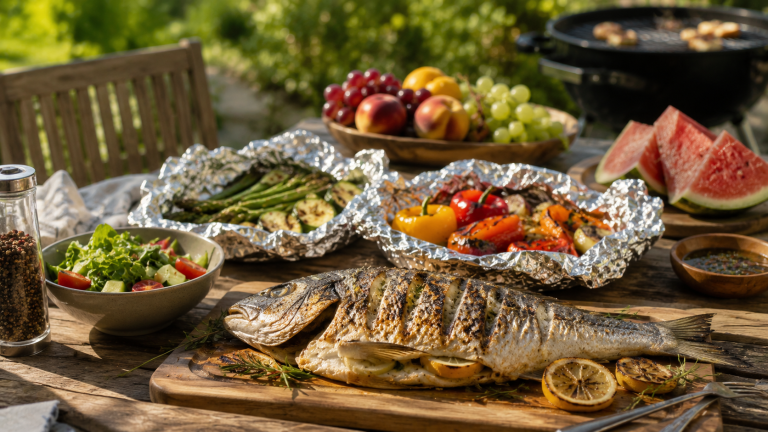Barbecue sain poisson grillé légumes papillote sauce protéinée sèche été