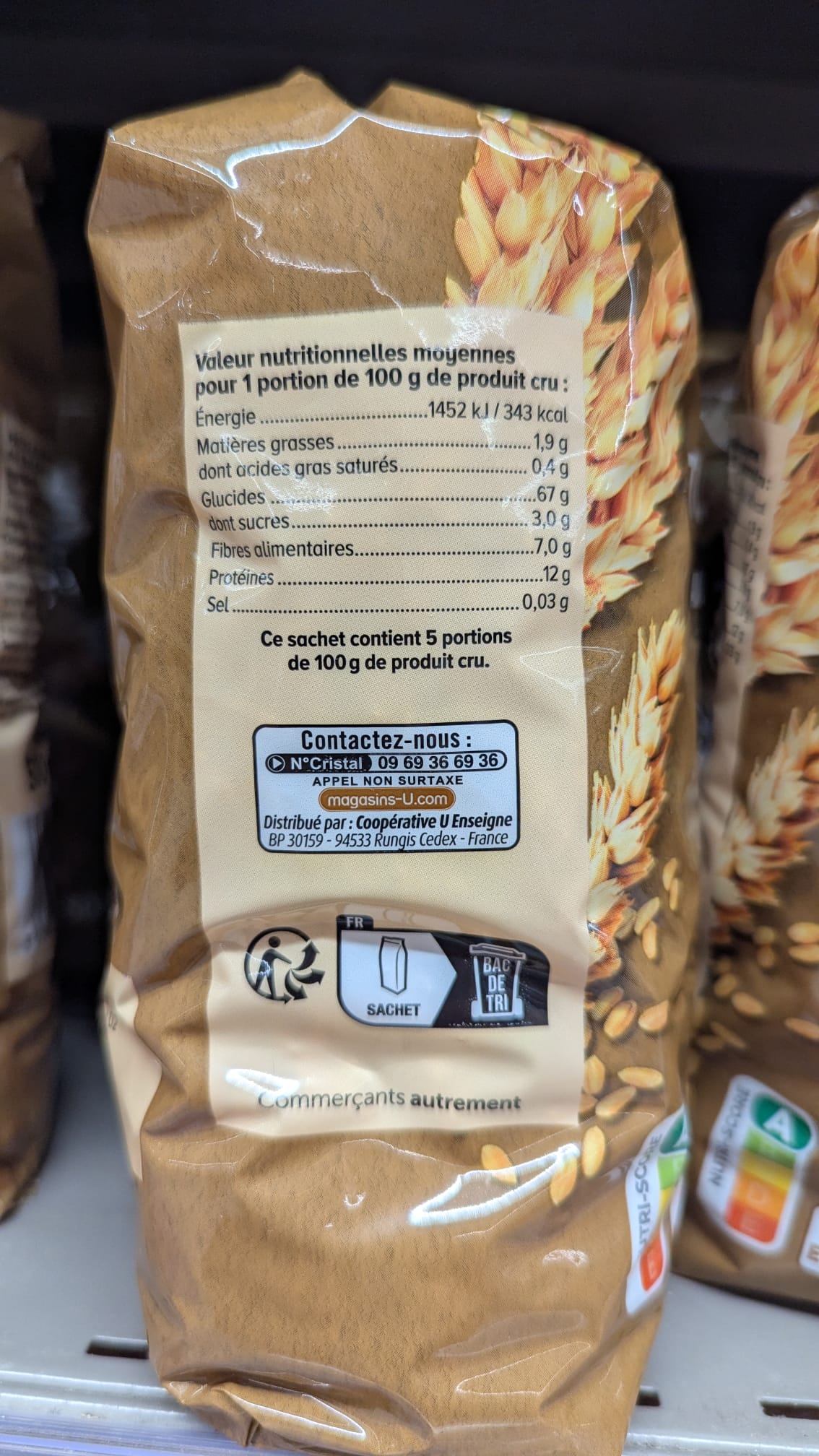 Étiquette valeurs nutritionnelles pâtes complètes U 343 kcal 12g protéines 7g fibres
