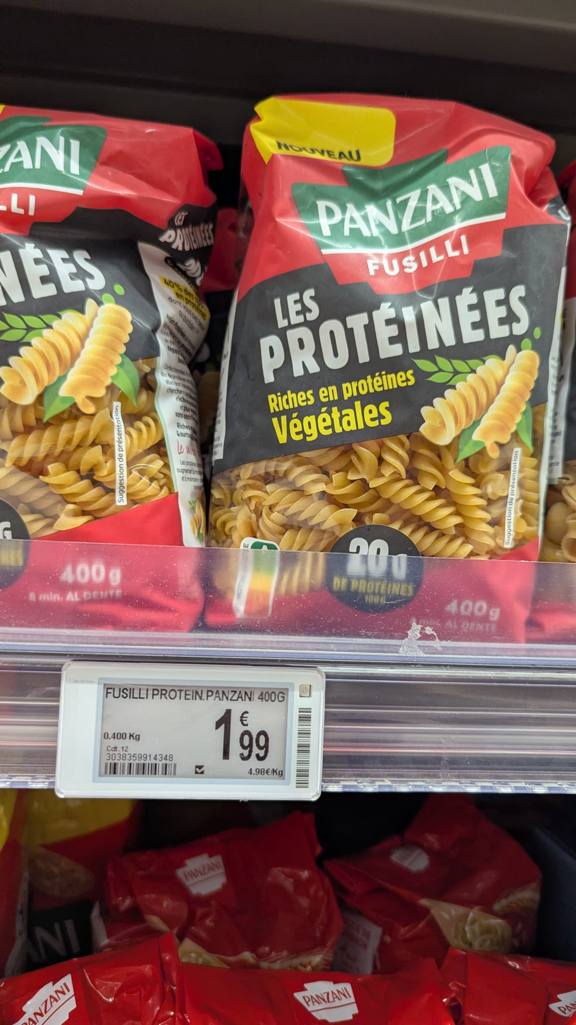 Pâtes protéinées Panzani en rayon supermarché prix 1,99 euros