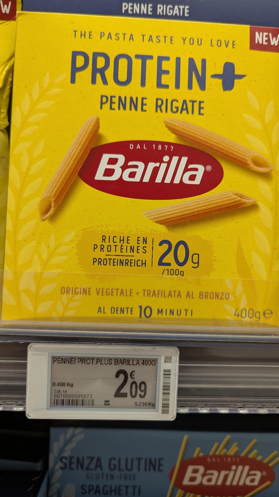 Pâtes protéinées Barilla Protein+ en rayon supermarché prix 2,09 euros