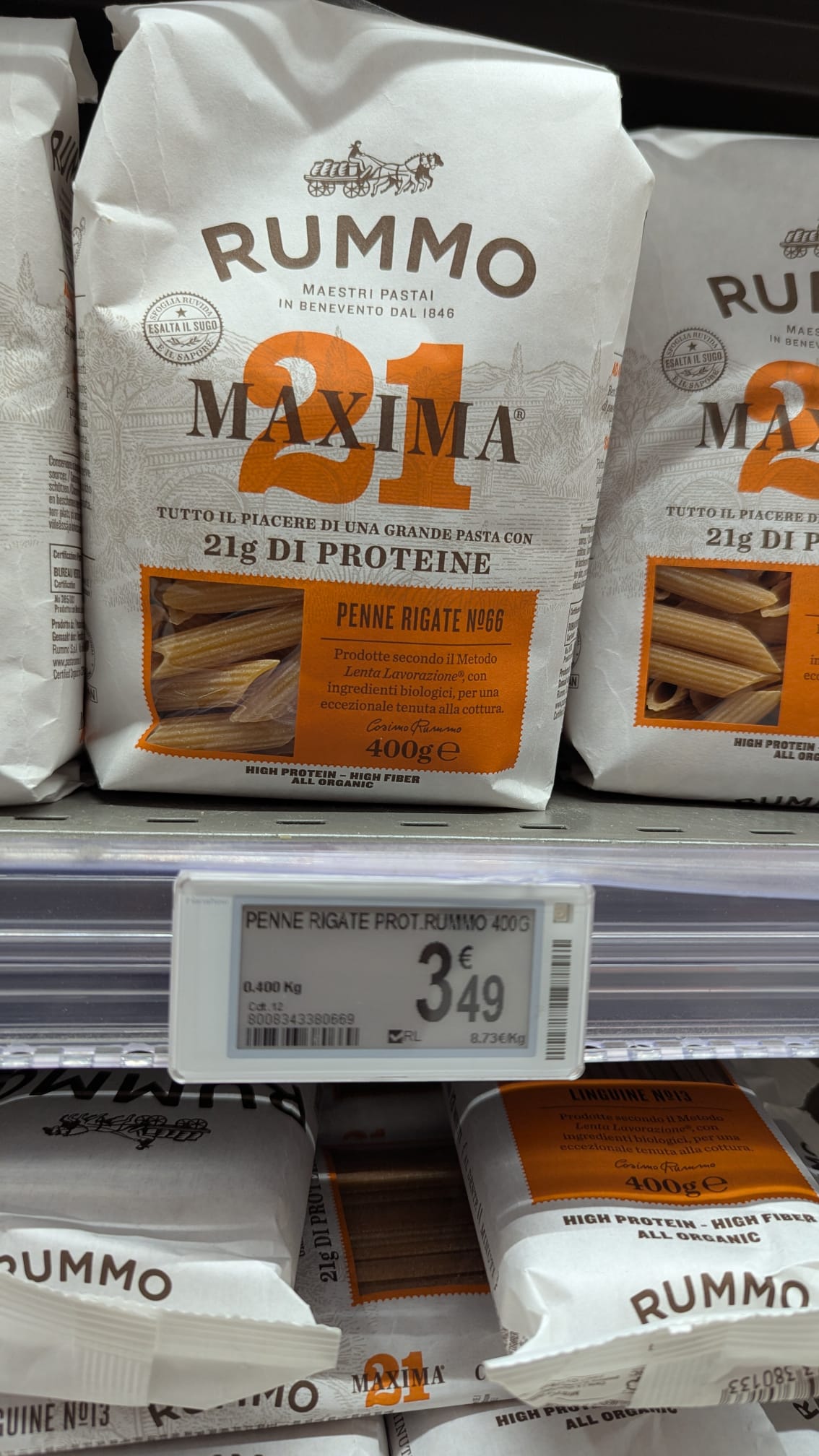 Pâtes protéinées Rummo Maxima 21 en rayon supermarché prix 3,49 euros